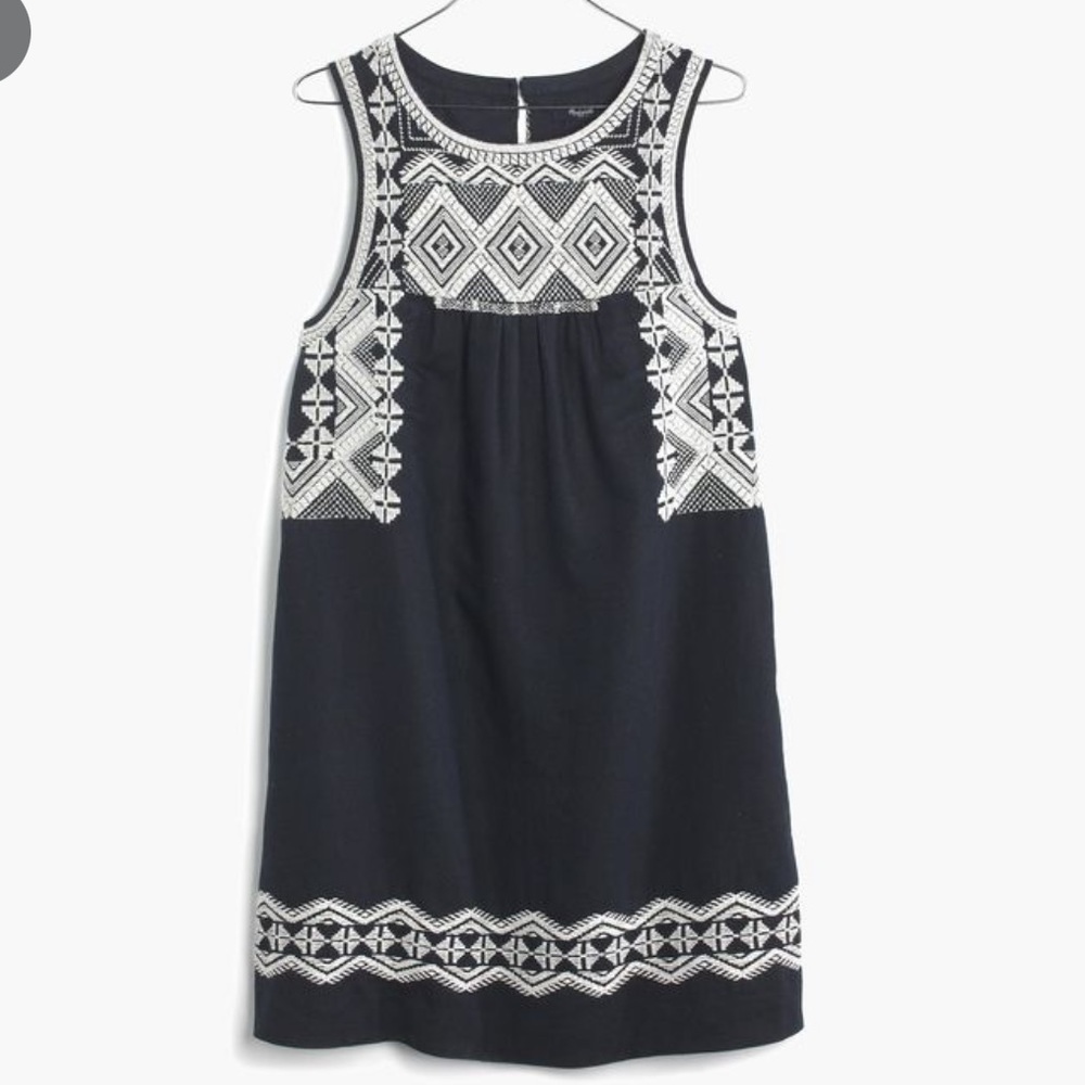 Madewell Stitchtake Embroidered Navy Linen Dress L